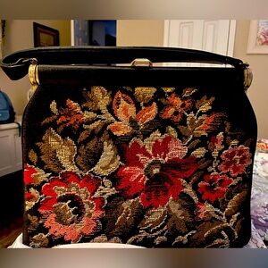 Vintage JR Florida Tapestry Carpetbag Purse Black Floral Needlepoint